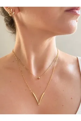 POKAK Xuping Jewelry Paslanmaz Çelik İkili Kombin Kolye V Model ve Minimal Toplu Kararmayan Kadın Kolye