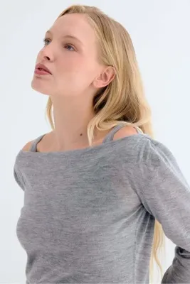 Silk and Cashmere Gri Starlight Saf Kaşmir Yuvarlak Yaka Çift Katlı Triko