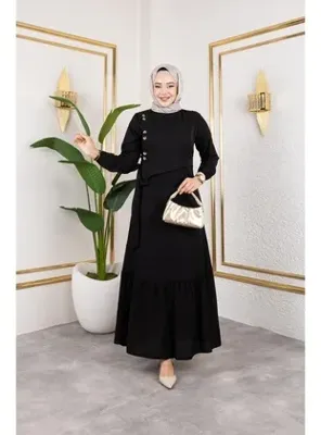 Harmatime butik Kadın Bağlama Detaylı Çilek Kumaş Siyah Elbise
