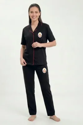 Galatasaray Orijinal Lisanslı Kadın Düğmeli Kare Yaka Pijama Takım