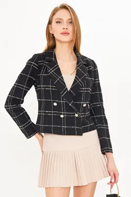armonika Kadın Siyah-Bej Kruvaze Yaka Tüvit Crop Ceket ARM-24K001014
