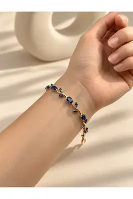 ZEYNEP KARACA Kadın Gold Lale Model Lacivert Taşlı Safir Kararmaz Bileklik