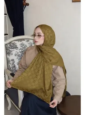 Jawel Kare Geometrik Desenli Jakar Şal Yağ Yeşili