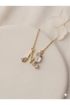 Tiştok accessory Çelik Zincir Çiçekli Mineli M Harfi Vintage Kolye- Özel Tasarım Pirinç Harf Ucu-Hediye