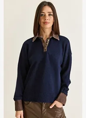 Shade Kadın Denim Garnili Polo Yaka Düğme Detaylı Oversize Triko Kazak TK251099 60286683 - Lacivert