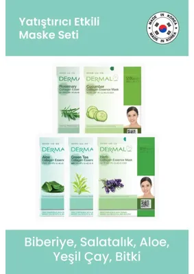 Dermal Yatıştırıcı Etkili Yeşil Çay Aloe Salatalık Biberiye ve Bitki Özlü Maske Seti 23GR x 5ADET
