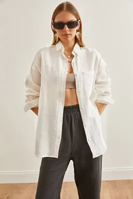 Olalook Kadın Ekru Oversize Basic Müslin Gömlek GML-19001217