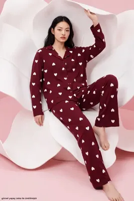 Siyah İnci Bordo Beyaz Desenli Örme Düğmeli Pamuklu Pijama Takım 7976