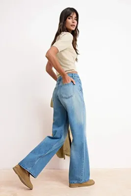 TRENDYOLMİLLA Mavi DÖKÜMLÜ Yüksek Bel %100 Pamuk Wide Leg Jeans TWOSS26JE00115