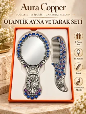 Aura Copper Tavus Kuşu Motifli Mineli El Aynası ve Tarak Seti 2 Parça Ac-At-002-Gümüş Mavi