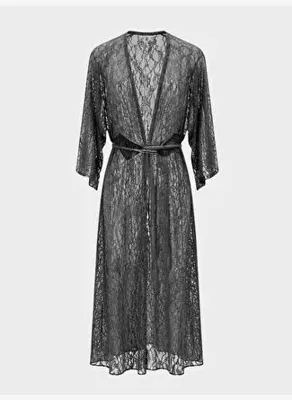 Rivus Dantel Beli Kesik Detaylı Kollu Kimono - Siyah