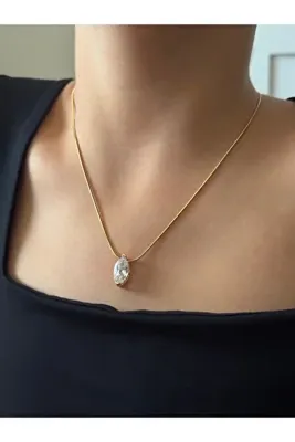 banhard Zirkon Taşlı Dikey Markiz Model Zarif Çelik Kadın Kolye