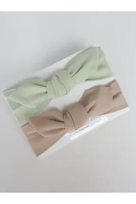 swan butik Kız Bebek Çocuk Bandana Toka Seti 2'li Mint Ve Bej Tavşankulak Bandana Penye