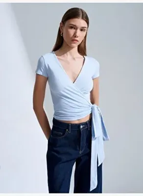 Dilvin 32923 Kısa Kollu Kruvaze Top-Açık Mavi