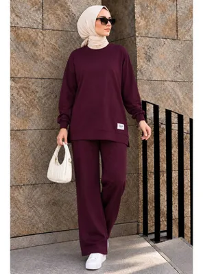 Neva Style Bisiklet Yaka Basic Oysho Vişne Tesettür İkili Takım 10412VSN