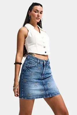 It's Basic Kadın Mavi T-4s6-4 Straight Mini Parlak Yıldız Taşlı Özel Tasarım Denim Etek
