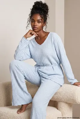 Siyah İnci Mavi Bağlamalı Yumuşak Dokulu Örme Pijama Takım 8098