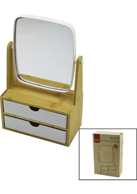 Uravas Store Uraselect 2 Çekmeceli Bambu Ahşap STANDLI=9X9.9X17.8X21.5CM Makyaj AYNASI=15X18CM Takılık 1+1 Organizer