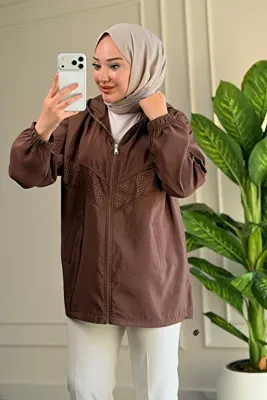 Suede Style 6683 - Şık Rahat Salaş Şeftali Kumaş Taş Detaylı Kapüşonlu Kadın Ceket