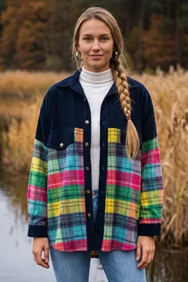 Chiccy Lacivert Gömlek Yaka Manşetli Kollu Oduncu Ekose Düğmeli Casual Oversize Dokuma Gömlek 68 62