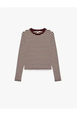 Koton Pamuklu Slim Fit Bisiklet Yaka Uzun Kollu Çizgili Tişört
