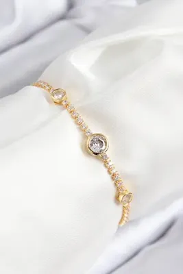 Genel Markalar Pirinç Zirkon Taşlı Daire Model Gold Renk Asansörlü Kadın Bileklik