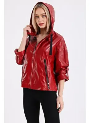 Maroquin Leather Gaga Kadın Kapüşonlu Deri Mont