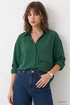 InStyle Tek Cepli Zümrüt Yeşili Salaş Gömlek
