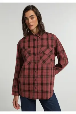 Colins Fashion Fit Shirt Neck Ekoseli Kadın Turuncu Uzun Kol Gömlek