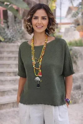 Nevin Kaya Moda Haki Renk Ajurlu Merserize Triko Bluz