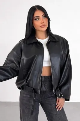 aslico Yeni Sezon ZR Oversize Bomber Kemerli Siyah Deri Ceket