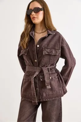 Olalook Kadın Kahverengi Kuşaklı 4 Cepli Denim Ceket CKT-19000503