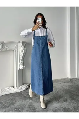 BLUE MARLIN KADIN UZUN MAVİ ASKILI BAHÇEVAN KOT ELBİSE