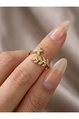 EKİDORA Şık Defne Yaprak Desenli Ayarlanabilir Kadın Yüzük Gold Çelik görünümlü