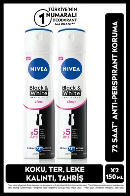 Nivea Kadın Sprey Dedoroant Black&White Invisible Pure 150 ml,72 Saat Anti-Perspirant Koruma,x2 Adet