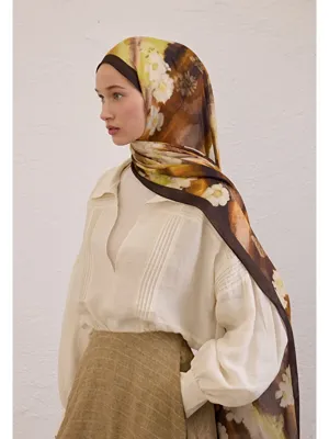 Fresh Scarfs Soft Daısy Desen Rami Şal Acı Kahve