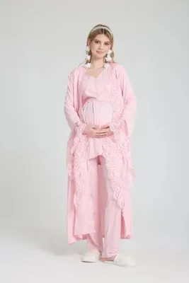 Effortt Venera Dantel Detaylı Lohusa Sabahlıklı Pijama Takımı 3'lü Hamile Pijama Seti