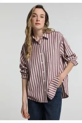 Colins Boyfriend Fit Shirt Neck Çizgili Kadın Bordo Uzun Kol Gömlek