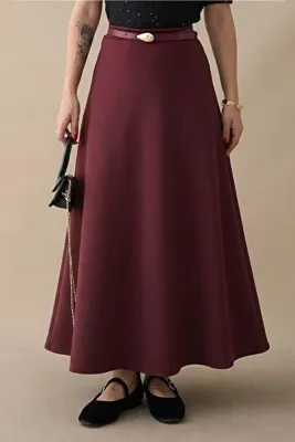 InStyle Kloş Beli Lastikli Scuba Bordo Etek