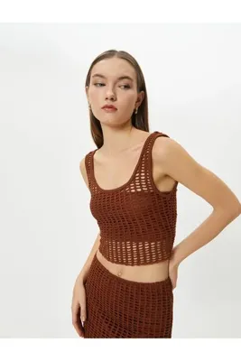 Koton Fileli Crop Büstiyer Kalın Askılı U Yaka Slim Fit