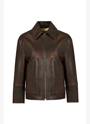 Derimod Garcia Kadın Kahverengi Gömlek Yaka Oversize Deri Ceket 25WGD5636VD