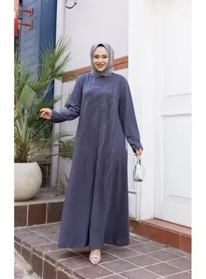 Harmatime butik Kadın Taş İşlemeli Rahat Kalıp Gri Elbise