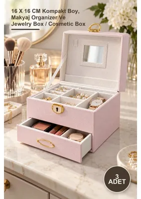 Yenilig 5 Adet Deri Kaplamalı Makyaj ve Takı Kutusu – 16 x 16 cm Kompakt Boy, Makyaj Organizer ve Jewelry Box / Cosmetic Box