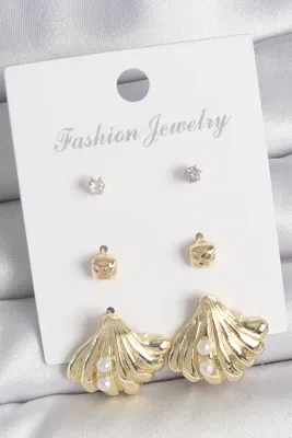 callerrons accessories Pirinç Gold Renk Zirkon Taşlı İnci Detaylı Deniz Kabuğu Model 3 Çift Kadın Küpe Seti - EBJ250522W342