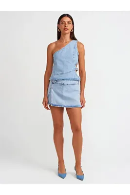 Dilvin 71680 Yandan Tokalı Denim Şort Etek-Mavi