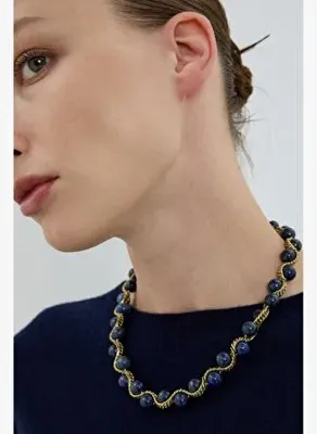 Roman Lapis Lazuli Doğal Taş Burgu Zincir Kolye – Bronz Detaylı Lacivert K2686108_015