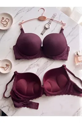 Lavint Homewear Koyu Mürdüm Ultra Push-Up Dantel Detaylı Destekli Balenli Slikonlu Sihirli Sütyen