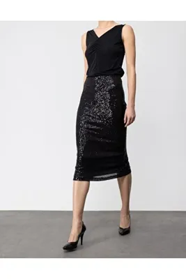 AYSİ COLLECTİON Pul Payet İşlemeli Midi Etek Siyah