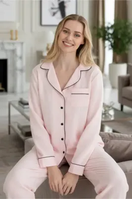 DOFİ Kadın Aerobin Düğmeli Cep ve Biyeli Manşet Detaylı Pijama Takımı - Siyah / Açık Pembe