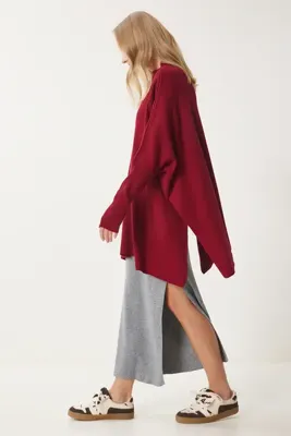 Lovelyİstanbul Yandan Yırtmaçlı Oversize Panço Kazak Kırmızı Lyy0016